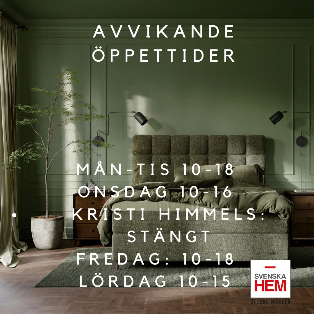 Den här veckan har vi lite justerade öppettider i samband med Kristi himmelsfärd. Planerar du ett besök hos oss hittar du tiderna här 👇

🕒 Mån–Tis: 10–18
🕒 Onsdag: 10–16
❌ Kristi himmelsfärd: Stängt
🕒 Fredag: 10–18
🕒 Lördag: 10–15

Välkommen in till oss på Stegbo Möbler 🤍
Du kan alltid handla när det passar dig på stegbo.se
