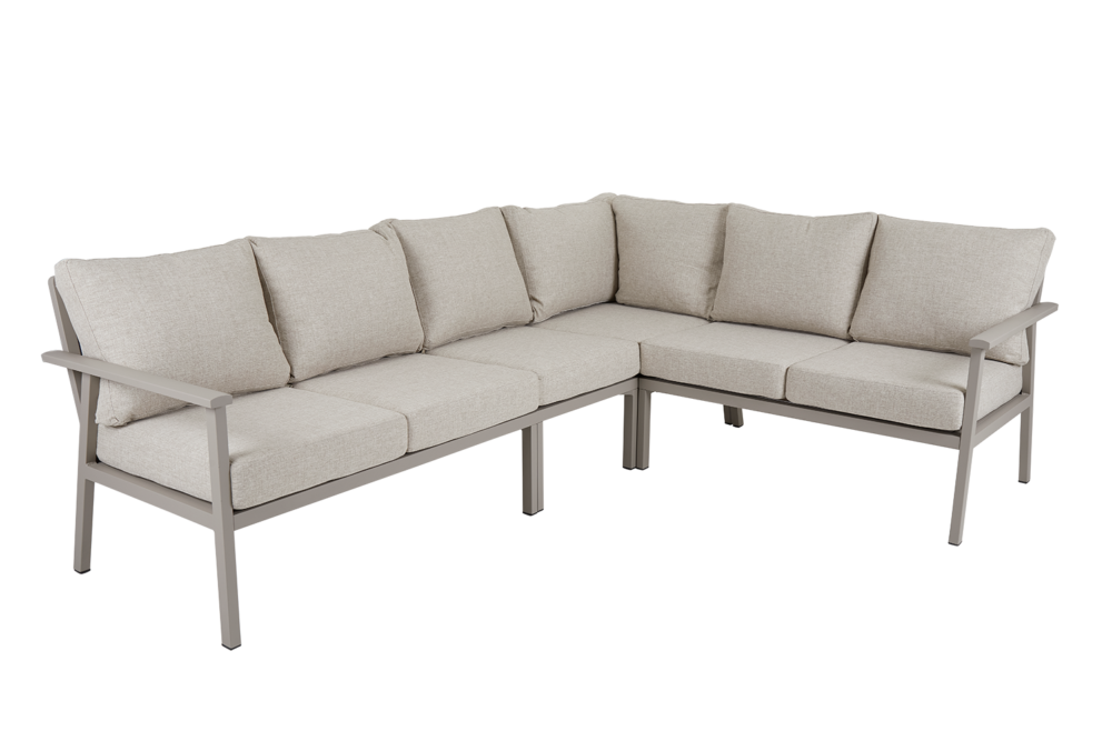 Brafab Samvaro hörnsoffa Hög – Bekväm loungegrupp med extra sitthöjd för både mat och vila. Vattentåliga dynor och modern design. Köp på stegbo.se eller i Örnsköldsvik.